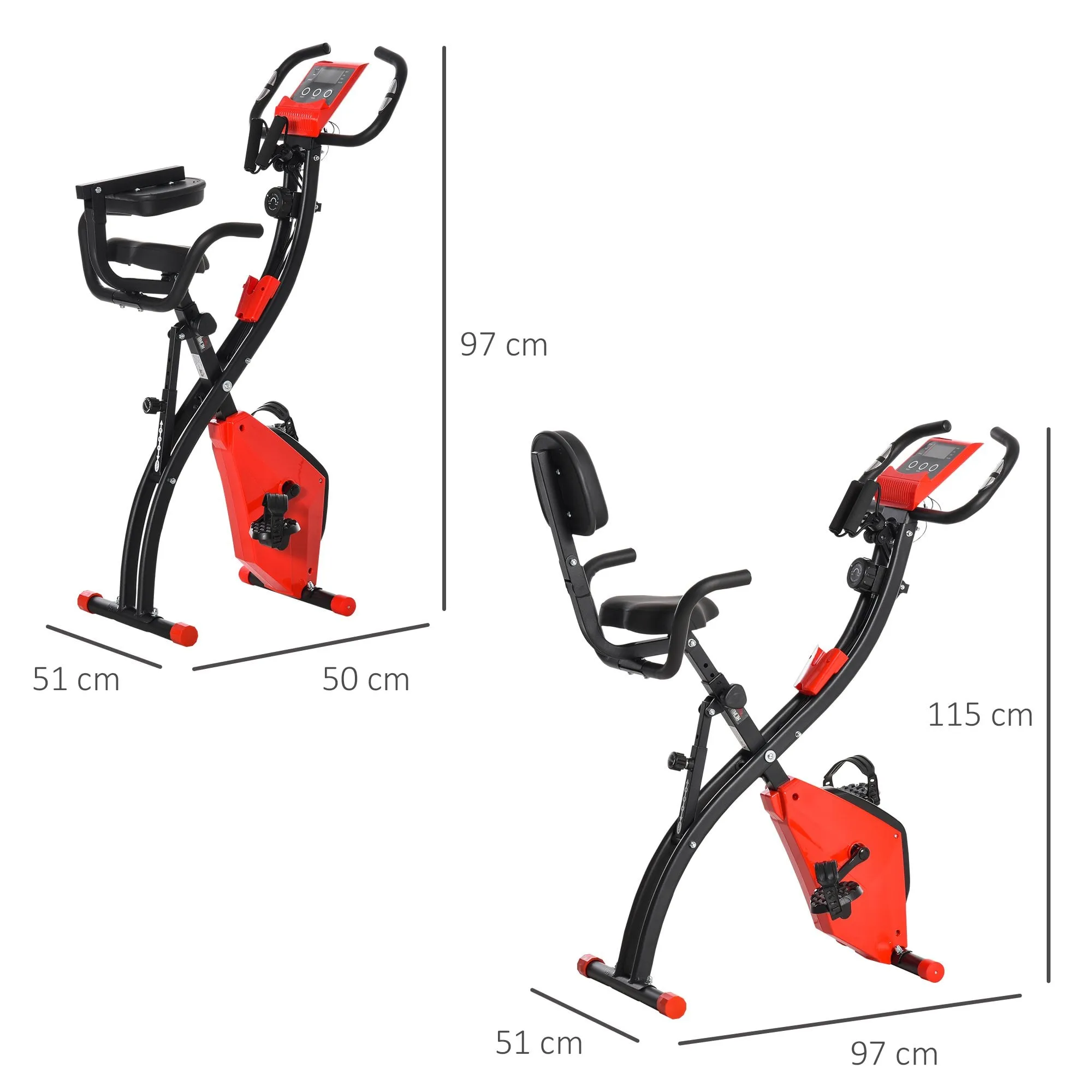 2-In-1 Red Upright Exercise Recumbent Bike Adjustable Resistance Stationary Fitness Home Gym Foldable w/ Armrests LCD Monitor Cycling Wheels