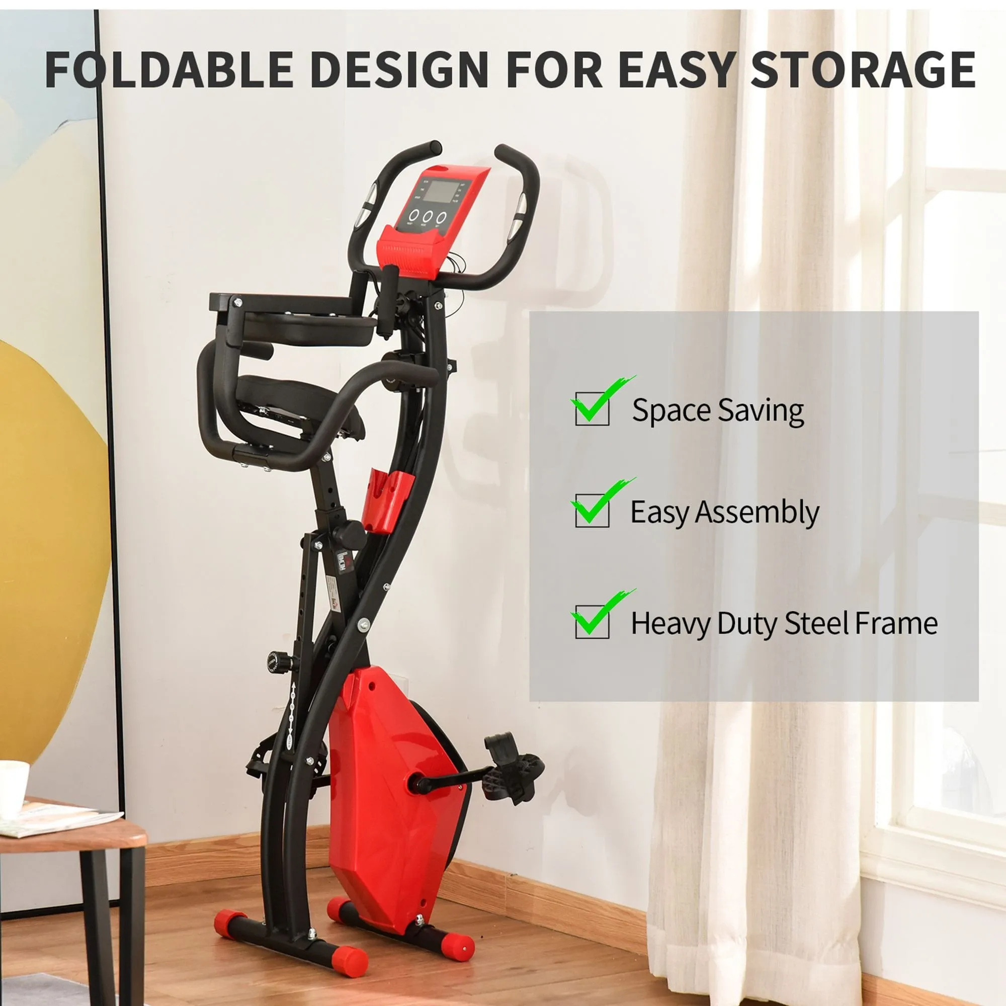 2-In-1 Red Upright Exercise Recumbent Bike Adjustable Resistance Stationary Fitness Home Gym Foldable w/ Armrests LCD Monitor Cycling Wheels