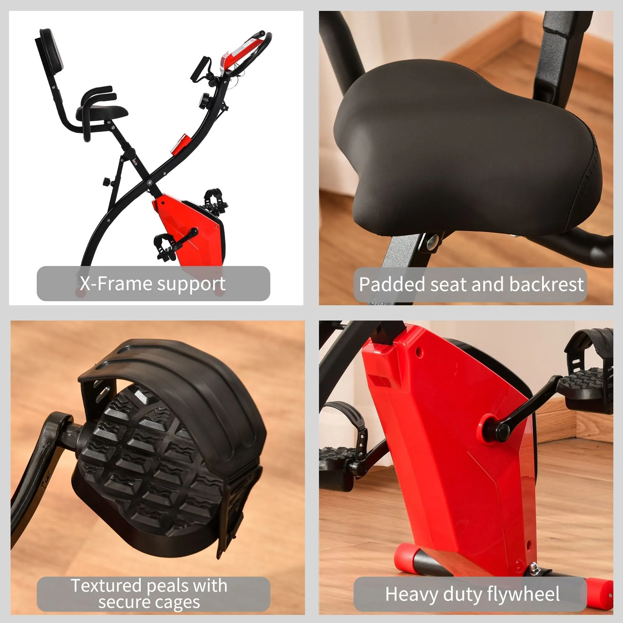 2-In-1 Red Upright Exercise Recumbent Bike Adjustable Resistance Stationary Fitness Home Gym Foldable w/ Armrests LCD Monitor Cycling Wheels