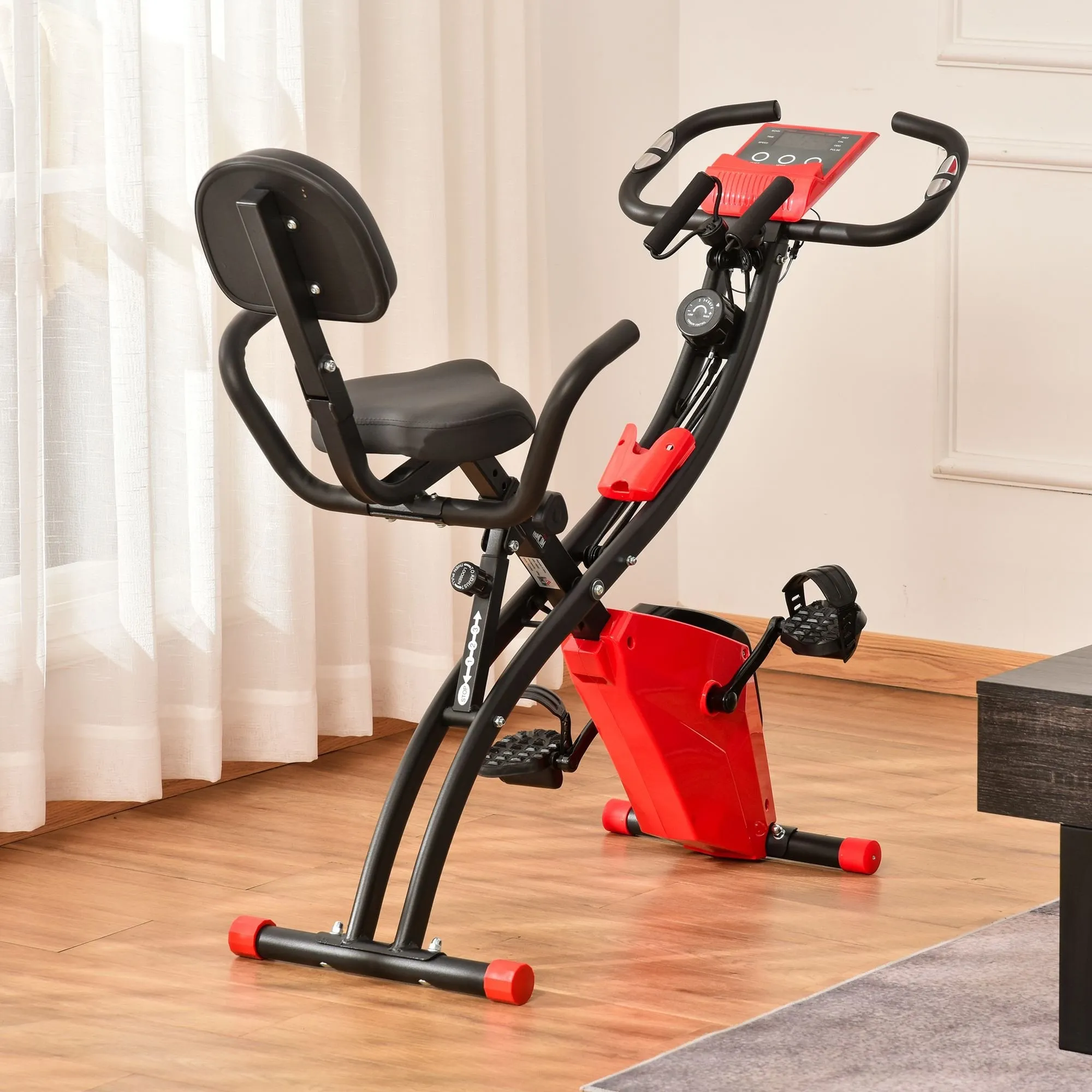 2-In-1 Red Upright Exercise Recumbent Bike Adjustable Resistance Stationary Fitness Home Gym Foldable w/ Armrests LCD Monitor Cycling Wheels