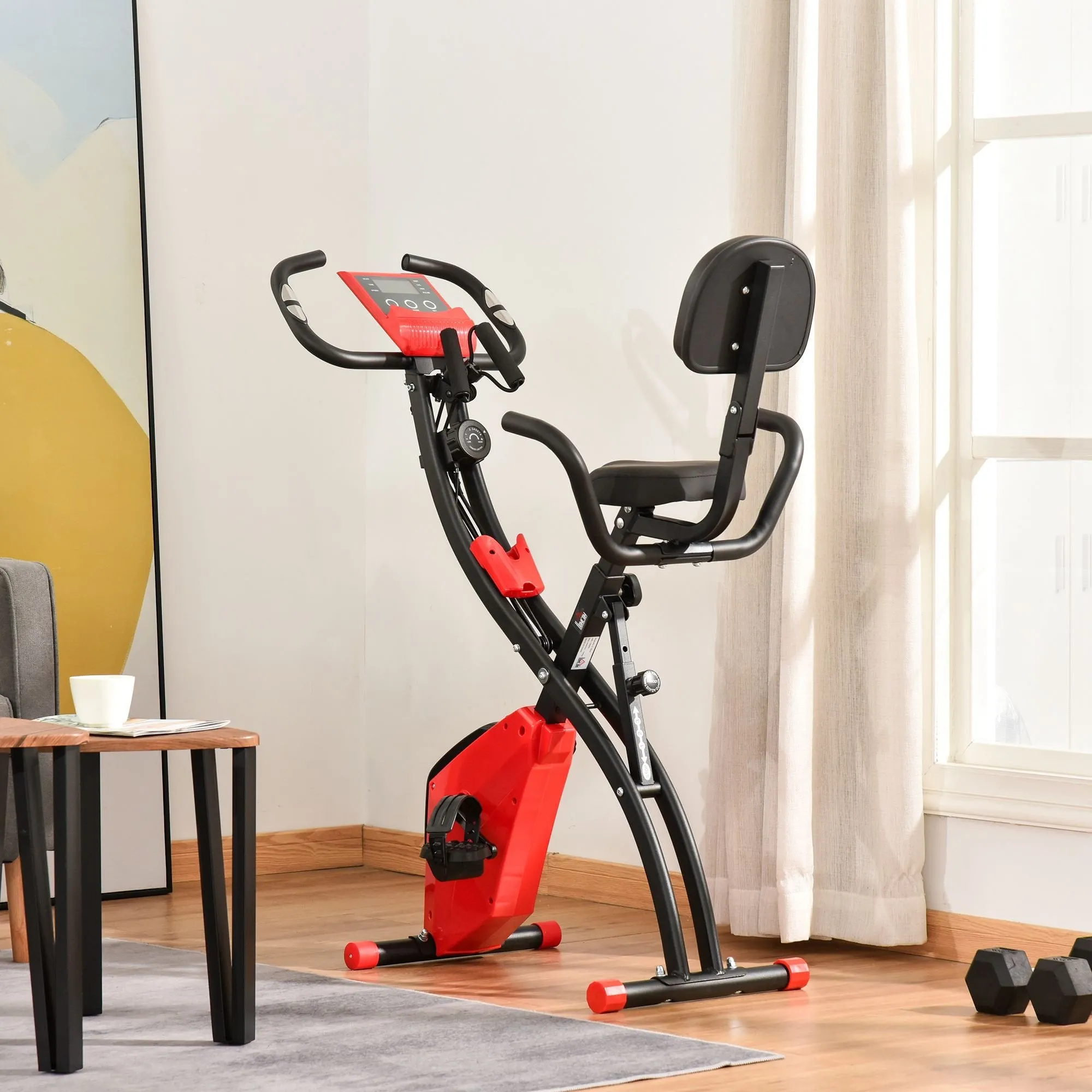 2-In-1 Red Upright Exercise Recumbent Bike Adjustable Resistance Stationary Fitness Home Gym Foldable w/ Armrests LCD Monitor Cycling Wheels
