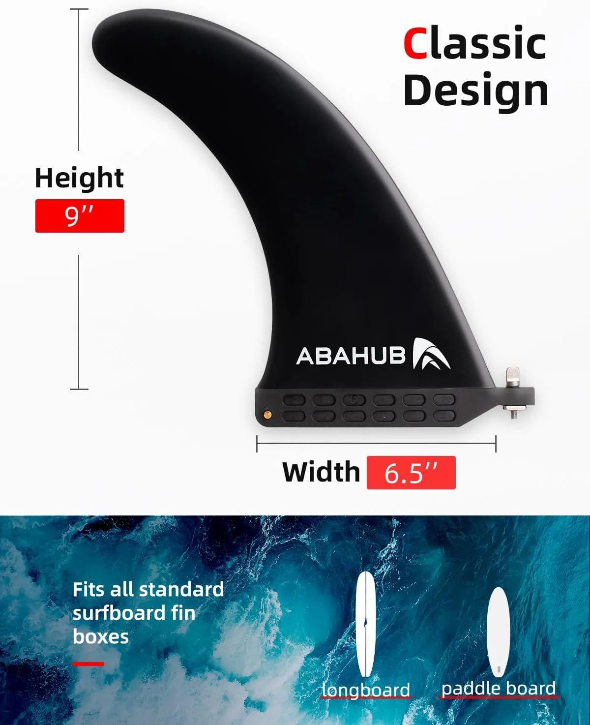 Abahub 8'' SUP Single Center Fin with 1 No Tool Fin Screw, Fiberglass Reinforeced 8 inch SUP Replacement Fins for Surfboard, Stand-up Paddle Board, Longboard, Black/Blue/White