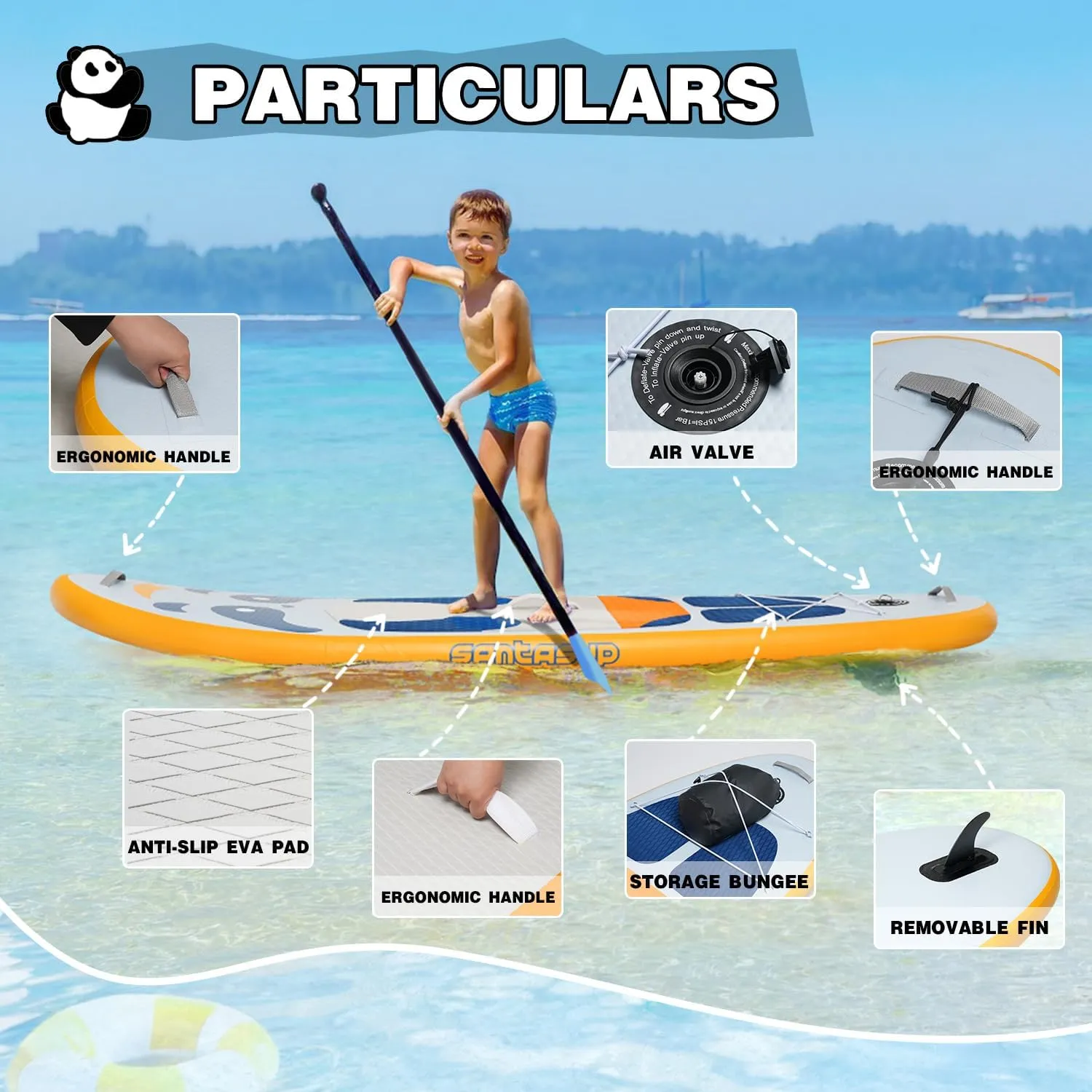 Kids Inflatable Paddle Board, 8ft Panda - Stand Up Paddle Board with Accessories, Durable & Stable Design, Wide Non-Slip Deck, Hand Pump for Youth & Kids