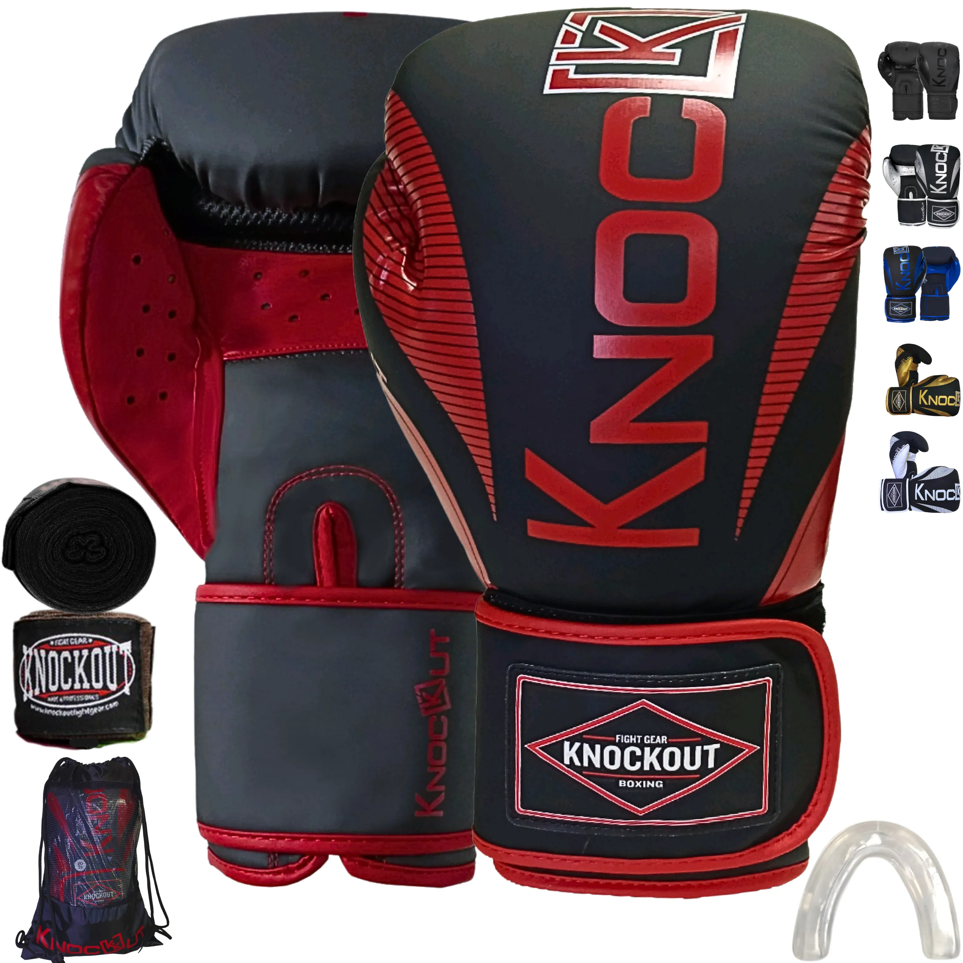 Knockout Elite Boxing Gloves with Hand Wraps and Mouth Guard for Men, Women Muay Thai, Kickboxing, Youth Heavy Bag Workouts, and Home Gym Training (Size 8OZ-16OZ)