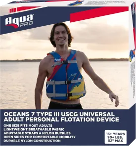 USCG Universal Fit Adult Sized Life Jacket  Type III PFD Fits Chest Size 30 - 52  Flexible-Fit Open-Sided Design  Blue/Red/Yellow