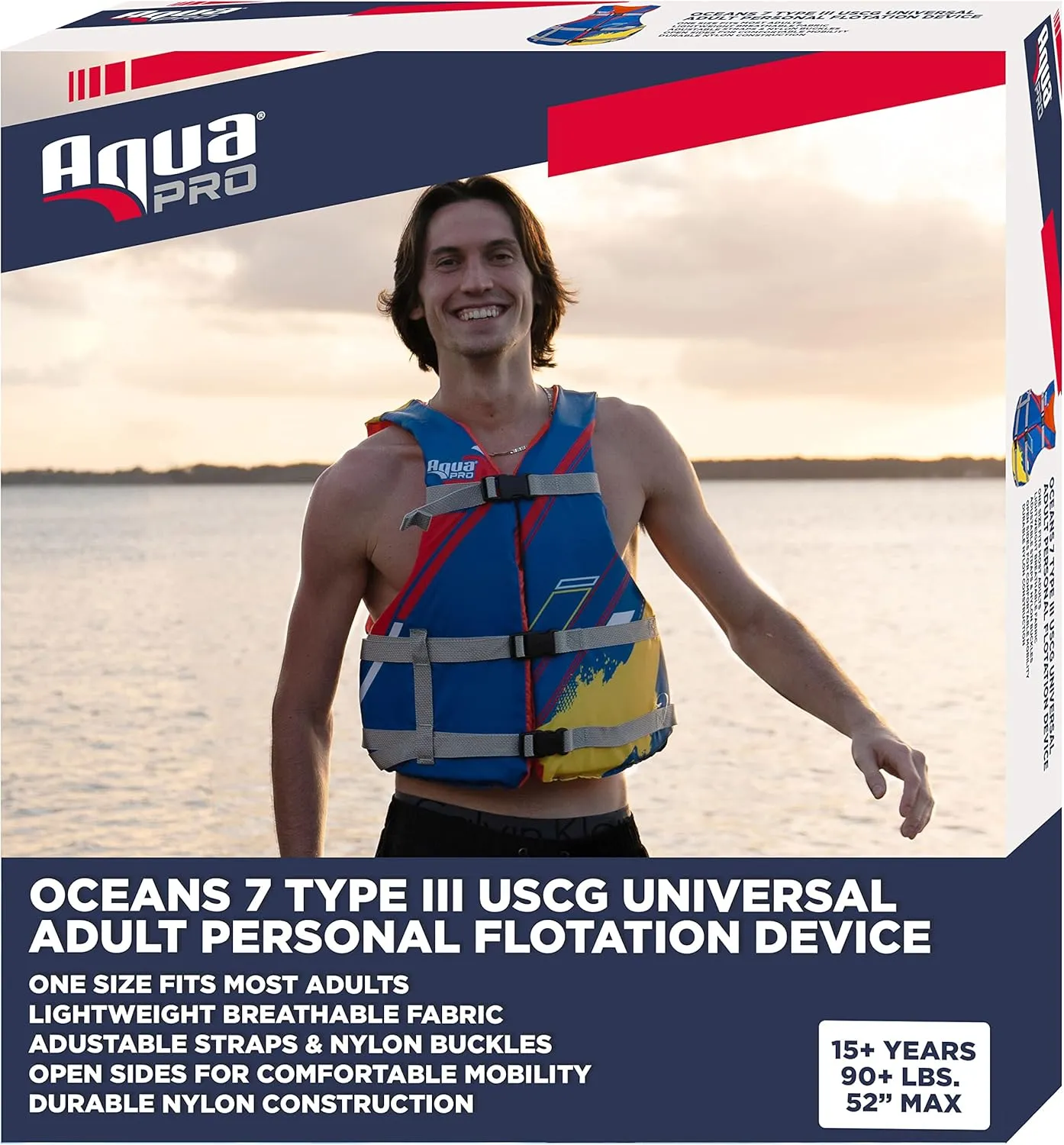 USCG Universal Fit Adult Sized Life Jacket  Type III PFD Fits Chest Size 30 - 52  Flexible-Fit Open-Sided Design  Blue/Red/Yellow